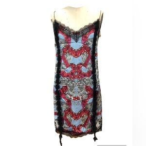 VERSACE Baroque-Print SILK Studded Slip Dress with Lace Trim Sz SMALL